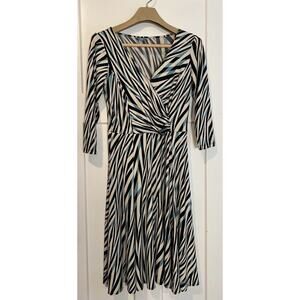Zebra Print Fit & Flare Dress Wrap Top Black White Stretch 3/4 Sleeve SIZE 8
